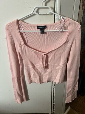 stradivarius Pale Pink Ribbed Tie-Front Long-Sleeve Crop Top